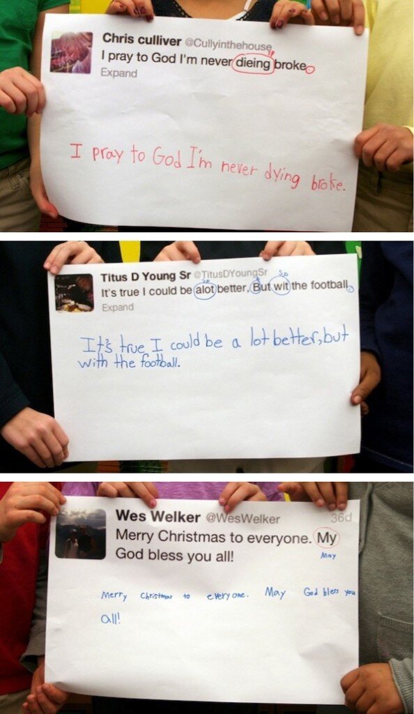 an american teacher requests his students to read celebrities tweets and review the spelling and grammer