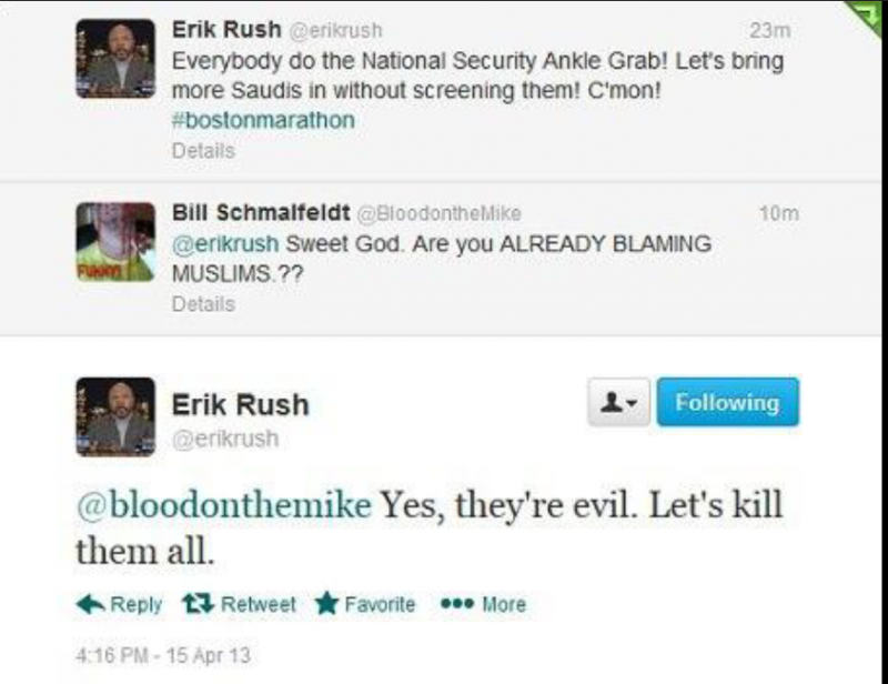 Erik Rush's -kill all Muslims- tweet