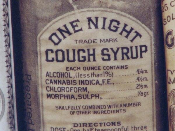 One Night Cough Syrup' with some remarkable ingredients, manufactured in Baltimore, 1888