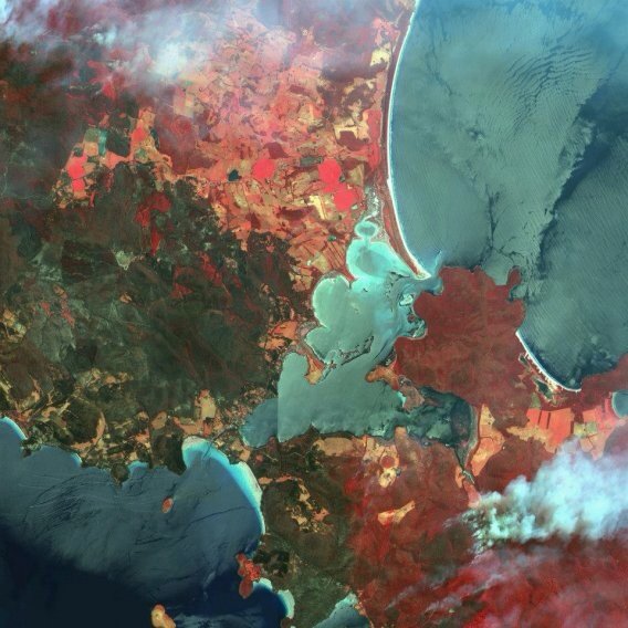 A false color image of wildfires in the Australian state of Tasmania