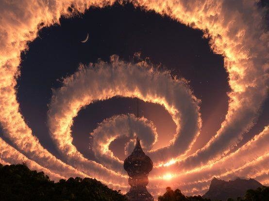 Cloud spiral in the sky. An Iridescent (Rainbow) Cloud in Himalaya