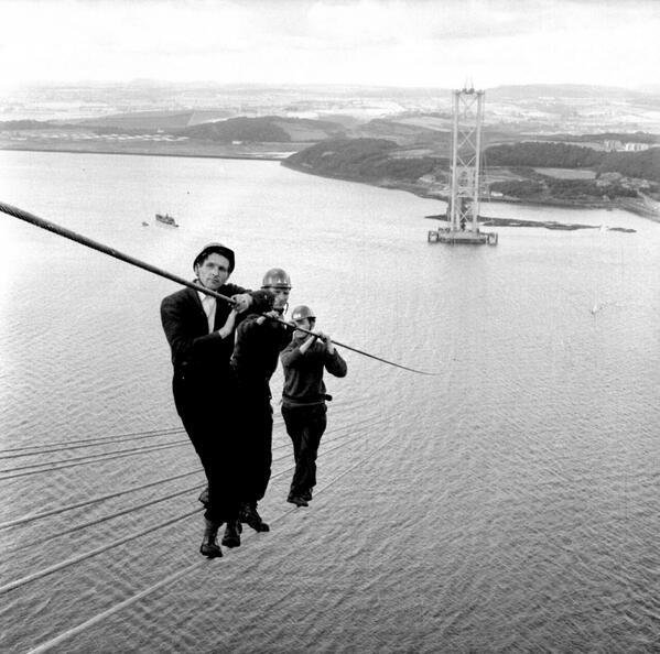 Construction workers on the Forth Road Bridge, Scotland, 1961