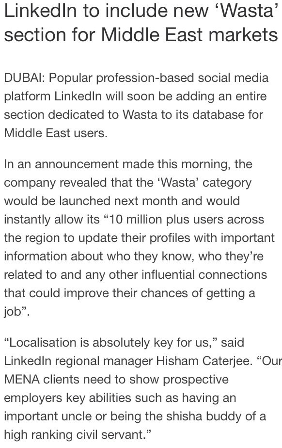 #Linkedin to add a WASTA section for its MENA users