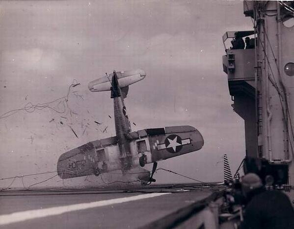 A crash on board an aircraft carrier sometime during World War II