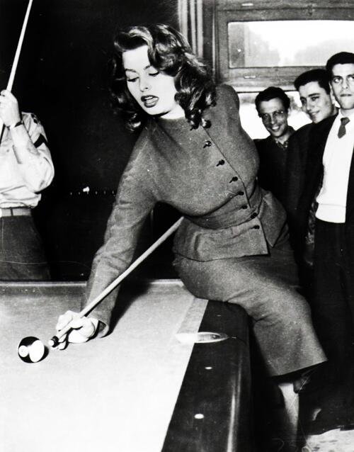 Sophia Loren playing pool, 1950's 