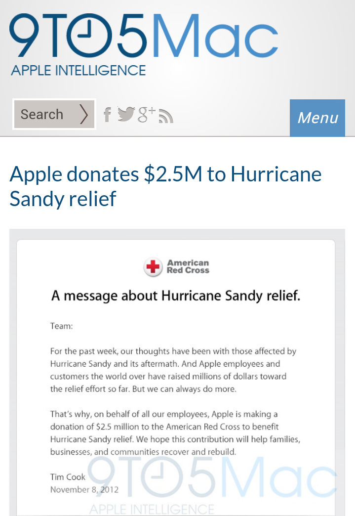 Apple donates $2.5M to Hurricane #Sandy relief 