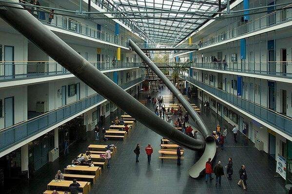 At the University of Munich in Germany, this 4 story slide can take students from any floor down to 