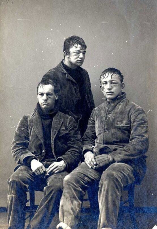Three Princeton students pose after the Freshman, Sophomore snowball fight. 1893. Princeton, NJ