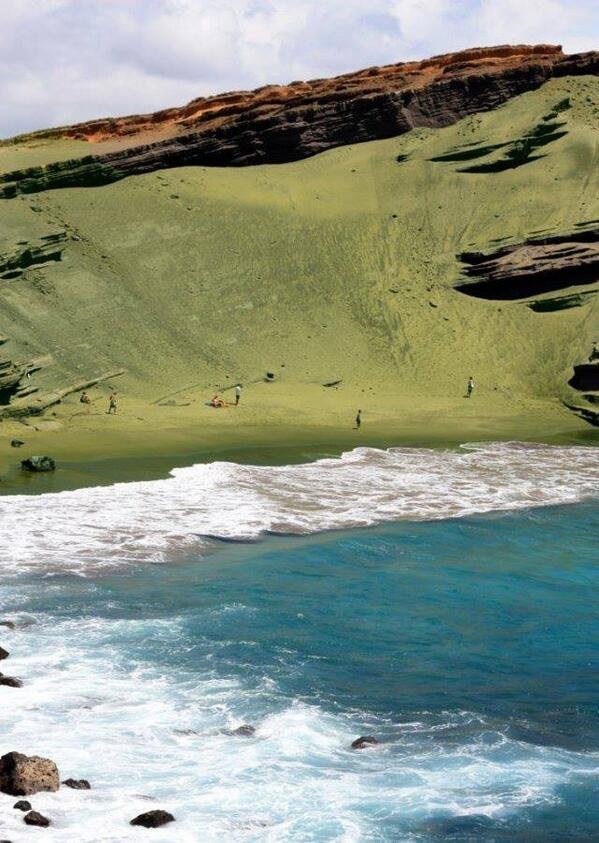This is Papakolea Beach, this is one of only four green sand beaches in the World