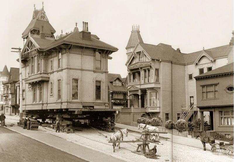 Moving a house using draught horses. San Francisco, 1908