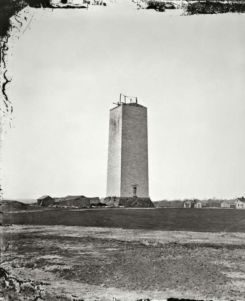 The unfinished Washington monument as it stood for 18 years (1857-1875), due to lack of funds and th
