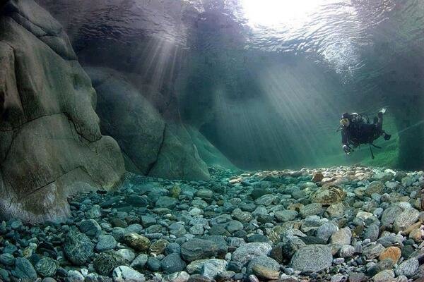 Crystal clear water of the Verzasca River, Switzerland