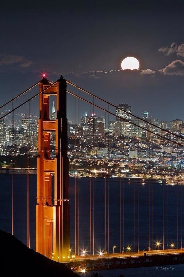 Golden Gate Bridge and full moon