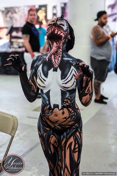 Body paint...her mouth is the neck