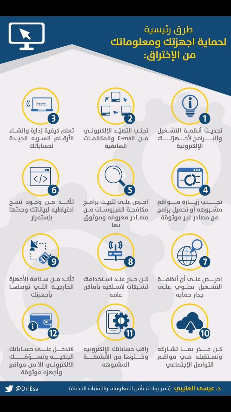 طرق لحماية اجهزتك ومعلوماتك من الإختراق على #الانترنت #انفوجرافيك #انفوجرافيك_عربي