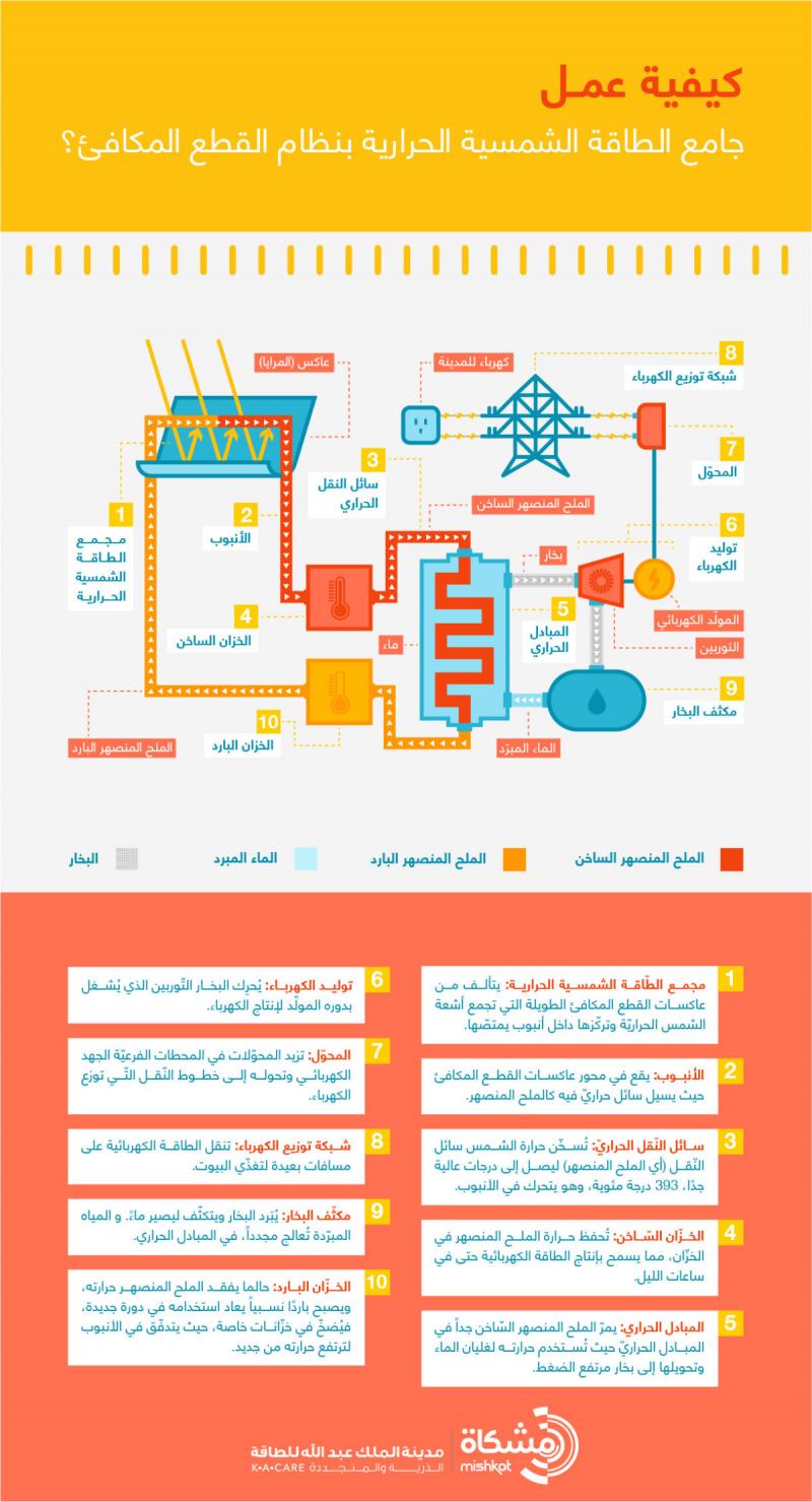كيف يعمل جامع الطاقة الشمسية الحرارية بنظام القطع المكافئ #انفوجرافيك #انفوجرافيك_عربي