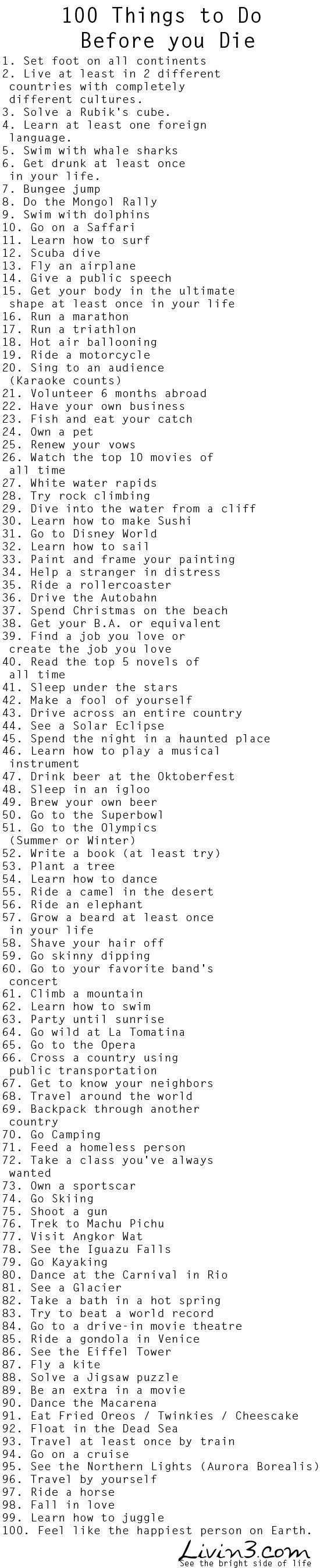 One hundred things to do before you die 